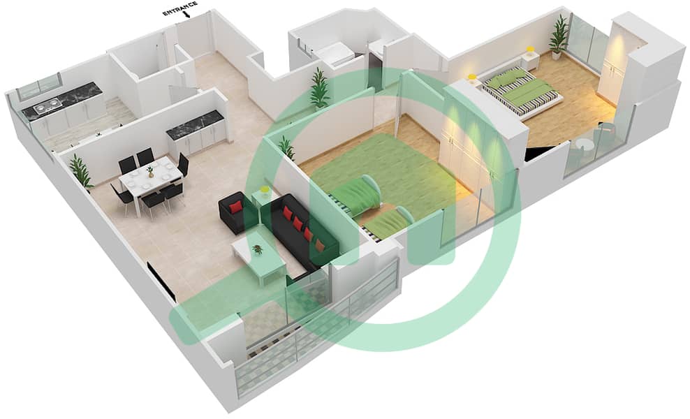 المخططات الطابقية لتصميم الوحدة 1 شقة 2 غرفة نوم - برج القمر 1 Floor 6-15 interactive3D
