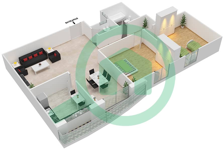 المخططات الطابقية لتصميم الوحدة 3 شقة 2 غرفة نوم - برج القمر 1 interactive3D