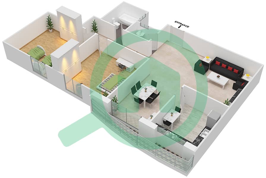 月光1号大厦 - 2 卧室公寓单位6戶型图 Floor 6-15 interactive3D