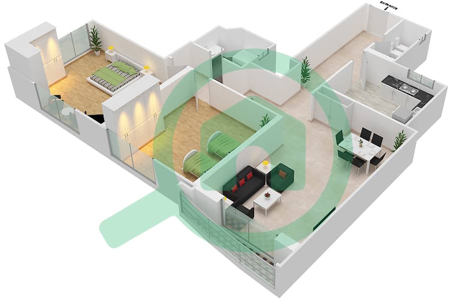 月光1号大厦 - 2 卧室公寓单位8戶型图 Floor 6-15 interactive3D