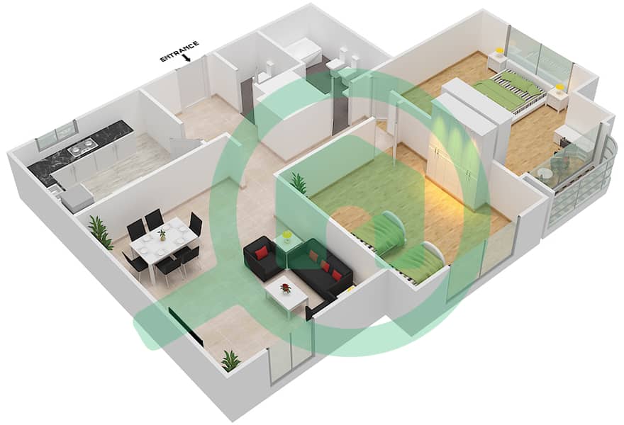 المخططات الطابقية لتصميم الوحدة 01 شقة 2 غرفة نوم - برج القمر 1 Floor 16- interactive3D
