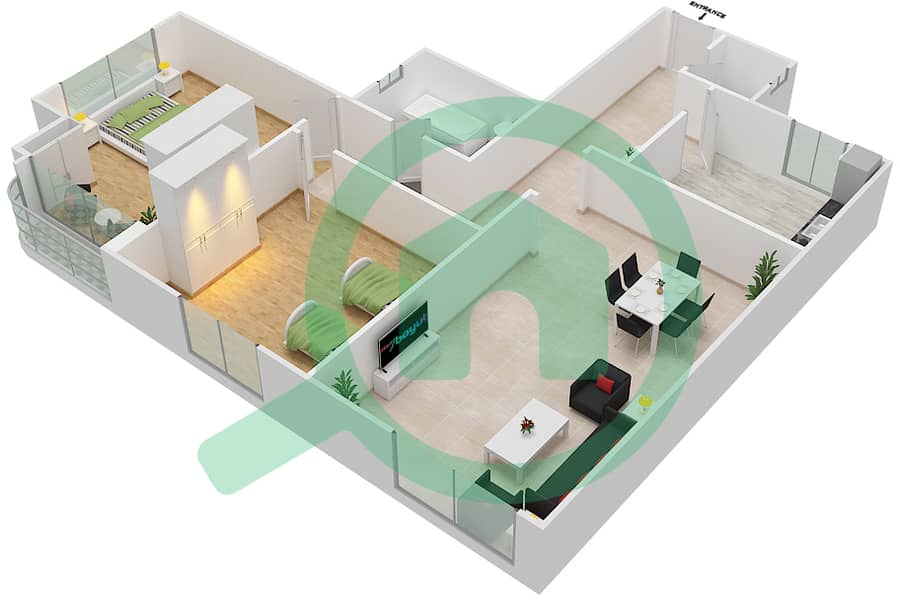 المخططات الطابقية لتصميم الوحدة 04 شقة 2 غرفة نوم - برج القمر 1 Floor 16-20 interactive3D