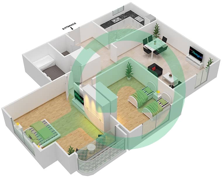 المخططات الطابقية لتصميم الوحدة 08 شقة 2 غرفة نوم - برج القمر 1 Floor 16-20 interactive3D