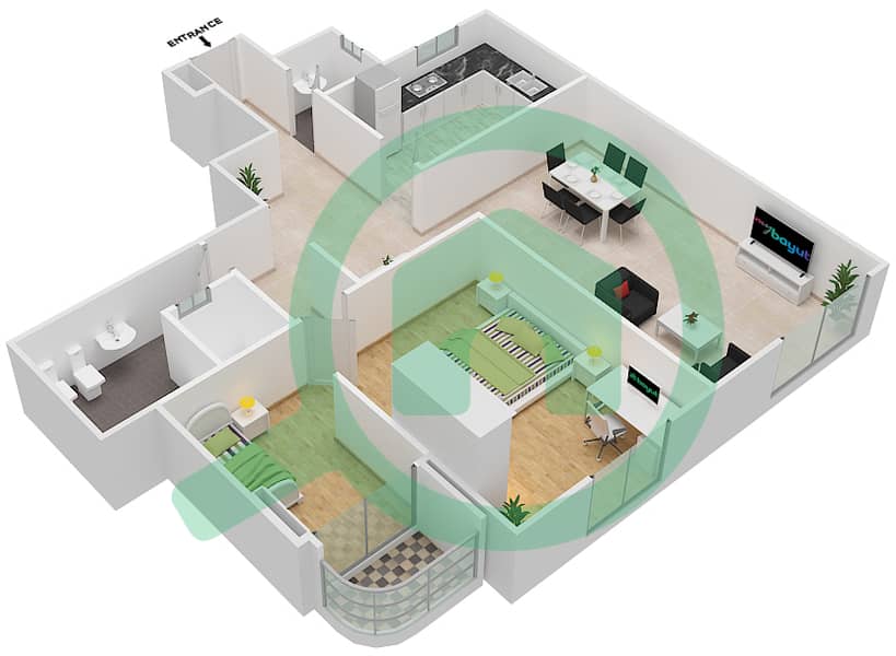 المخططات الطابقية لتصميم الوحدة 4 FLOOR 21-25 شقة 2 غرفة نوم - برج القمر 1 interactive3D