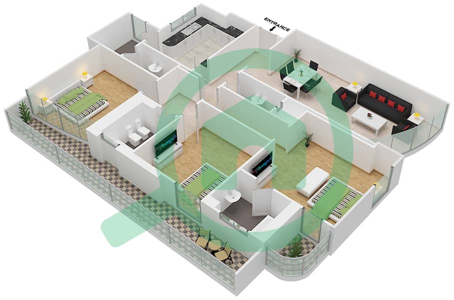纳赛尔大厦 - 3 卧室公寓类型F02 FIRST FLOOR戶型图 interactive3D