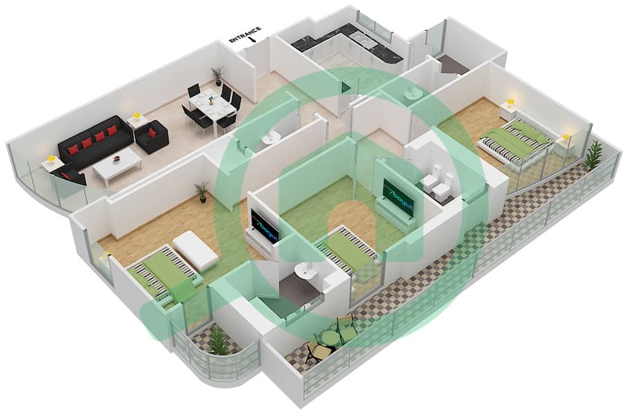 المخططات الطابقية لتصميم النموذج F03 FIRST FLOOR شقة 3 غرف نوم - برج ناصر First Floor interactive3D
