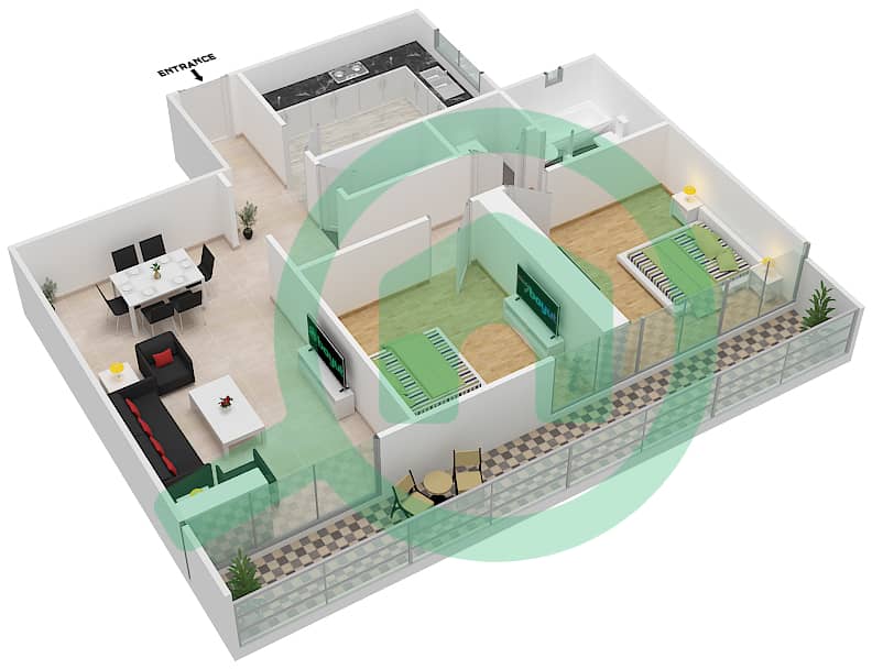 المخططات الطابقية لتصميم النموذج F05 FIRST FLOOR شقة 2 غرفة نوم - برج ناصر First Floor interactive3D