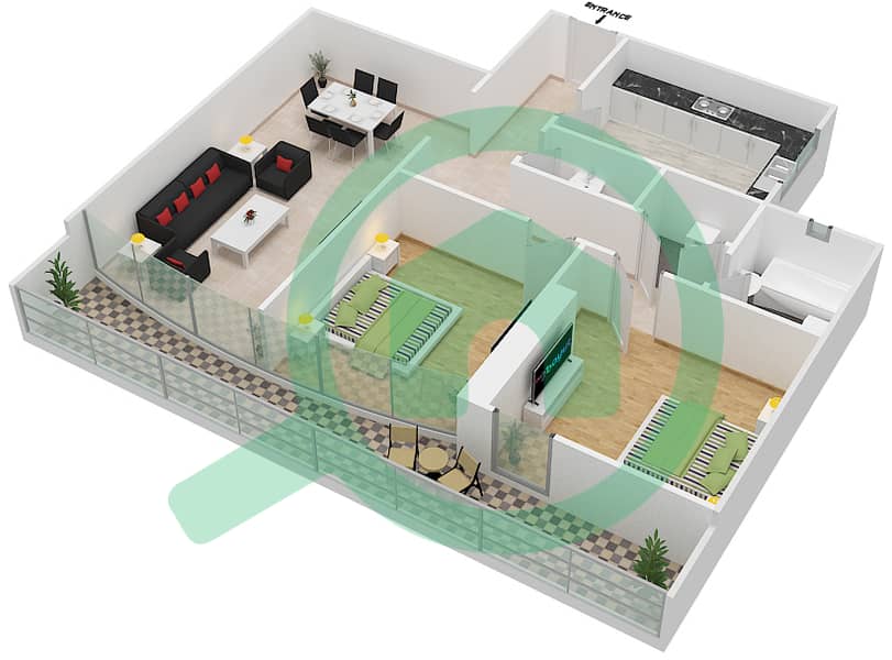 المخططات الطابقية لتصميم النموذج F09 FIRST FLOOR شقة 2 غرفة نوم - برج ناصر First Floor interactive3D