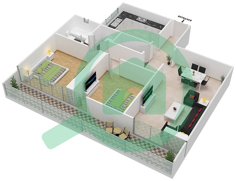 المخططات الطابقية لتصميم النموذج F10 FIRST FLOOR شقة 2 غرفة نوم - برج ناصر First Floor interactive3D