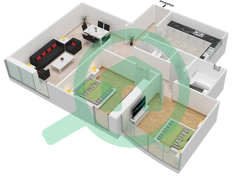المخططات الطابقية لتصميم النموذج F01 FLOOR 2-20 شقة 2 غرفة نوم - برج ناصر Floor 2-20 interactive3D