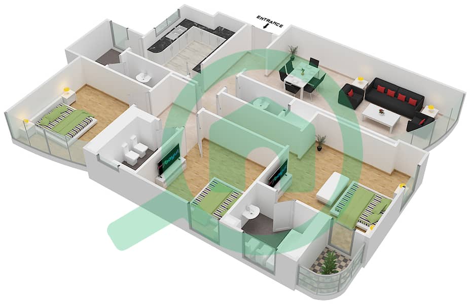 المخططات الطابقية لتصميم النموذج F02  FLOOR 2-20 شقة 3 غرف نوم - برج ناصر Floor 2-20 interactive3D