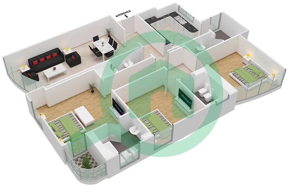 纳赛尔大厦 - 3 卧室公寓类型F03  FLOOR 2-20戶型图 Floor 2-20 interactive3D