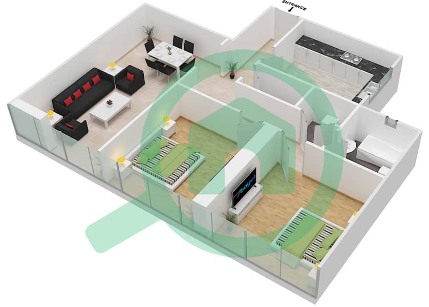 المخططات الطابقية لتصميم النموذج F05  FLOOR 2-20 شقة 2 غرفة نوم - برج ناصر interactive3D