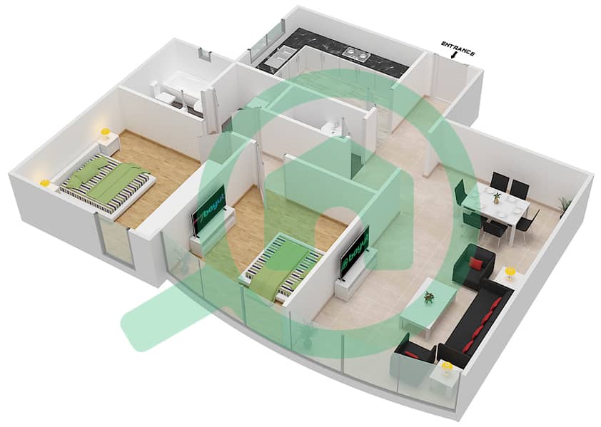 المخططات الطابقية لتصميم النموذج F06  FLOOR 2-20 شقة 2 غرفة نوم - برج ناصر Floor 2-20 interactive3D
