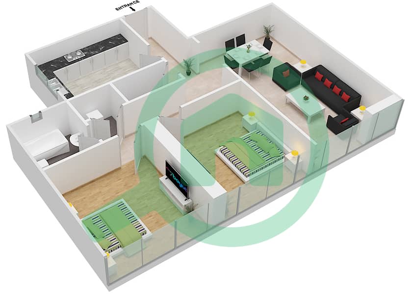 المخططات الطابقية لتصميم النموذج F10  FLOOR 2-20 شقة 2 غرفة نوم - برج ناصر Floor 2-20,22-23 interactive3D