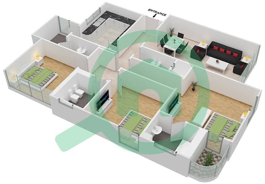 المخططات الطابقية لتصميم النموذج F02  FLOOR 22-23 شقة 3 غرف نوم - برج ناصر Floor 22-23 interactive3D