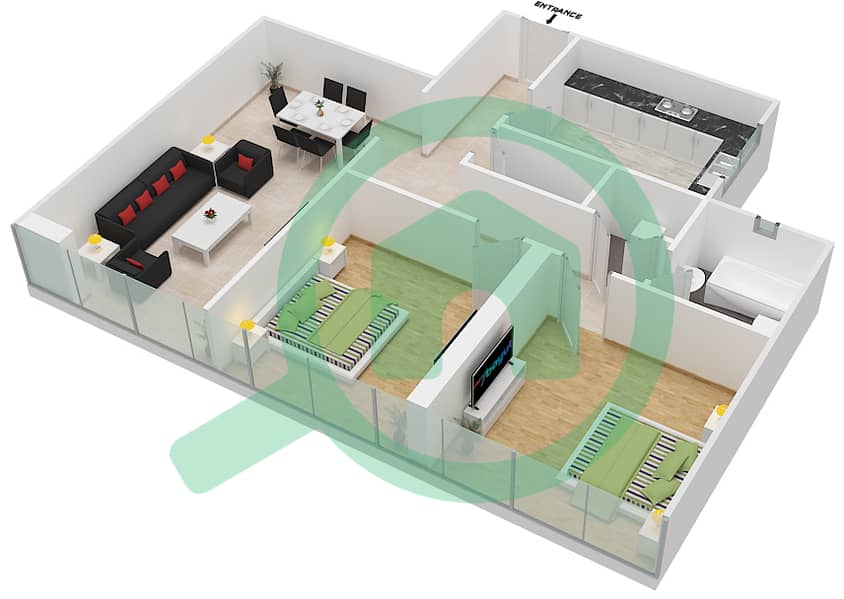 المخططات الطابقية لتصميم النموذج F05  FLOOR 21-24 شقة 2 غرفة نوم - برج ناصر Floor 21-24 interactive3D