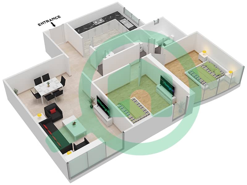 المخططات الطابقية لتصميم النموذج F01  FLOOR 21-24 شقة 2 غرفة نوم - برج ناصر Floor 22-23 interactive3D