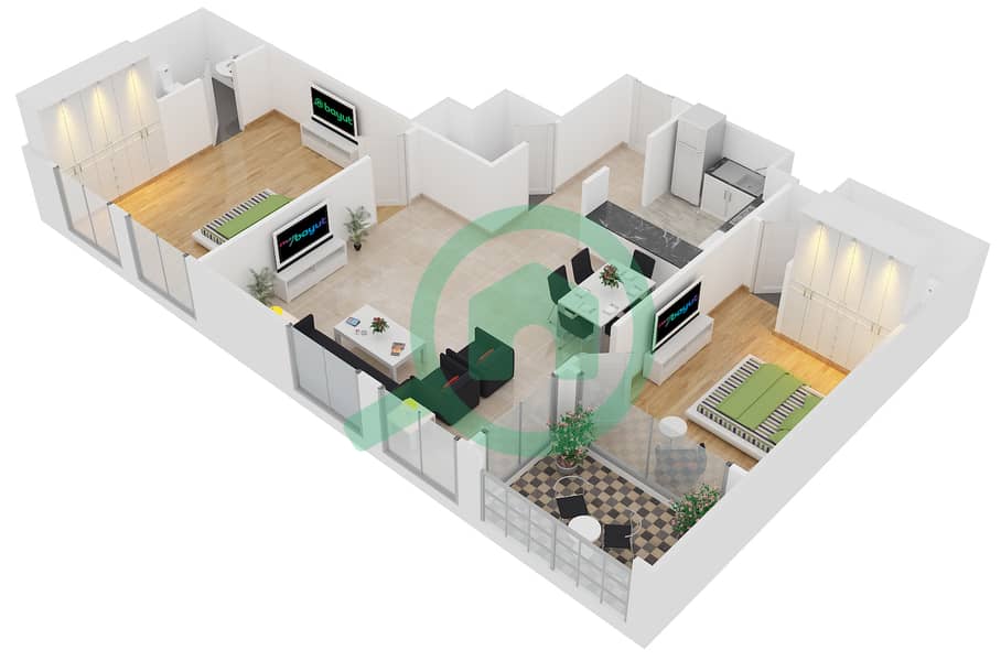 المخططات الطابقية لتصميم الوحدة 1 شقة 2 غرفة نوم - مساكن مسار interactive3D