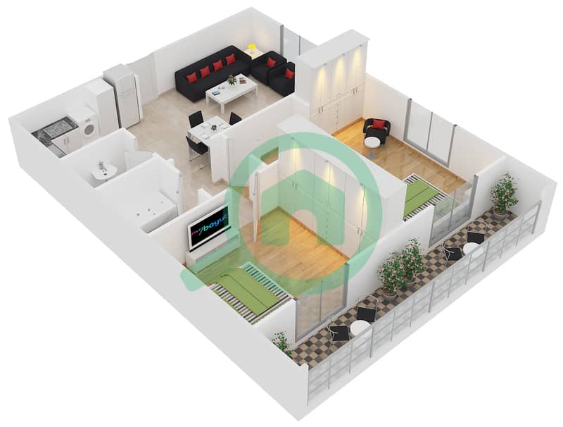 المخططات الطابقية لتصميم الوحدة 10,210 شقة 2 غرفة نوم - مساكن مسار interactive3D