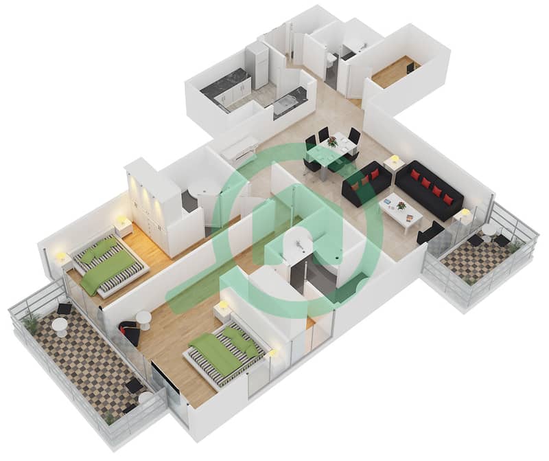 BLVD塔楼1号 - 2 卧室公寓单位05  FLOOR 4-23戶型图 interactive3D