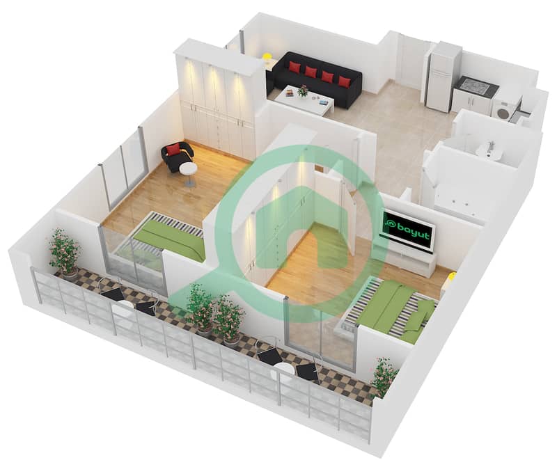 المخططات الطابقية لتصميم الوحدة 9,209 شقة 2 غرفة نوم - مساكن مسار interactive3D