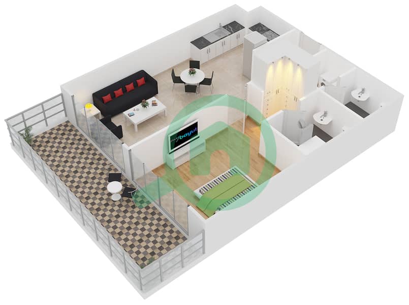 المخططات الطابقية لتصميم الوحدة 404 شقة 1 غرفة نوم - لايا رزيدنسز interactive3D