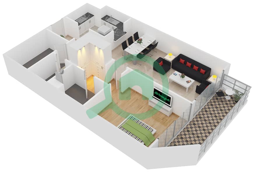 المخططات الطابقية لتصميم الوحدة 407 شقة 1 غرفة نوم - لايا رزيدنسز interactive3D