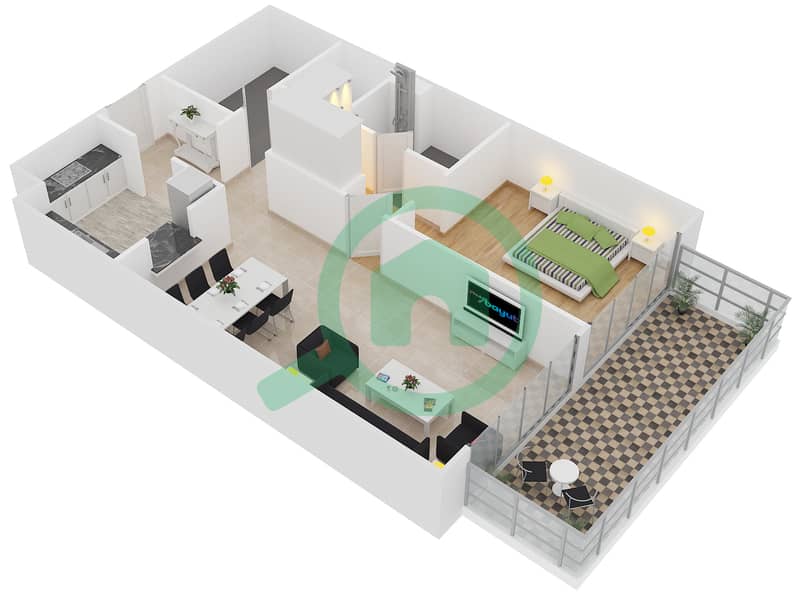 المخططات الطابقية لتصميم الوحدة 410 شقة 1 غرفة نوم - لايا رزيدنسز interactive3D