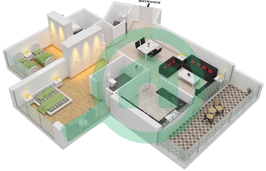 Артезия C - Апартамент 2 Cпальни планировка Тип I interactive3D
