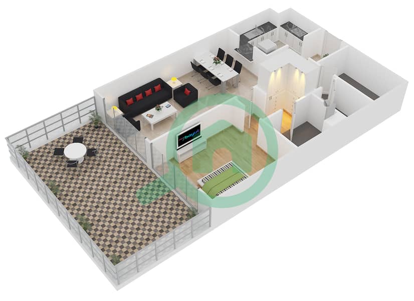 المخططات الطابقية لتصميم الوحدة G16 شقة 1 غرفة نوم - لايا رزيدنسز interactive3D
