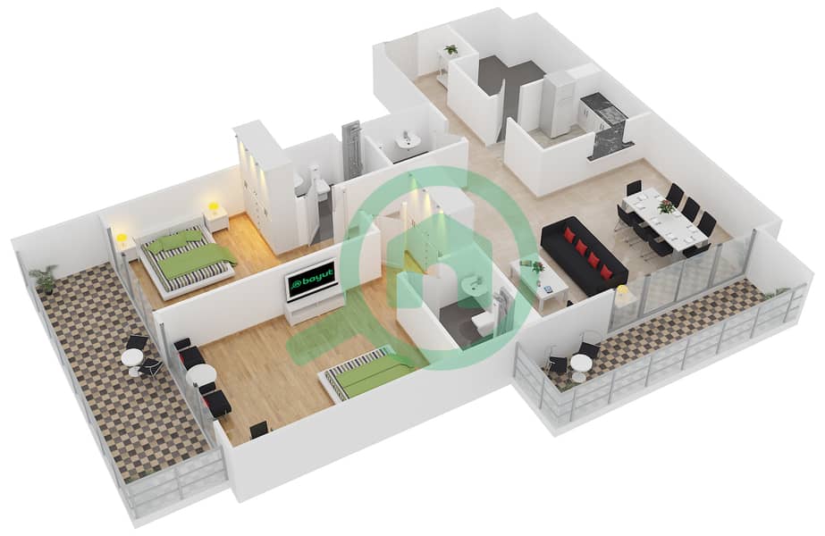 Laya Residences - 2 Bedroom Apartment Unit 102 Floor plan interactive3D