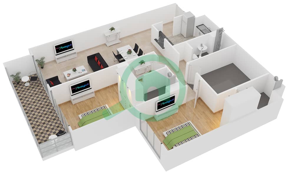 拉雅公寓 - 2 卧室公寓单位406戶型图 interactive3D