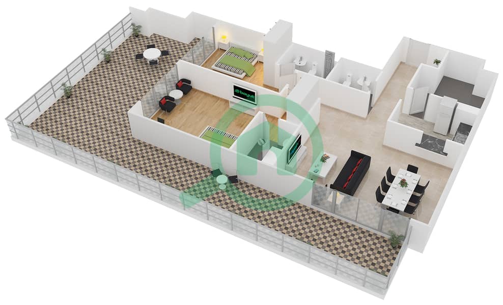 المخططات الطابقية لتصميم الوحدة G1B شقة 2 غرفة نوم - لايا رزيدنسز interactive3D