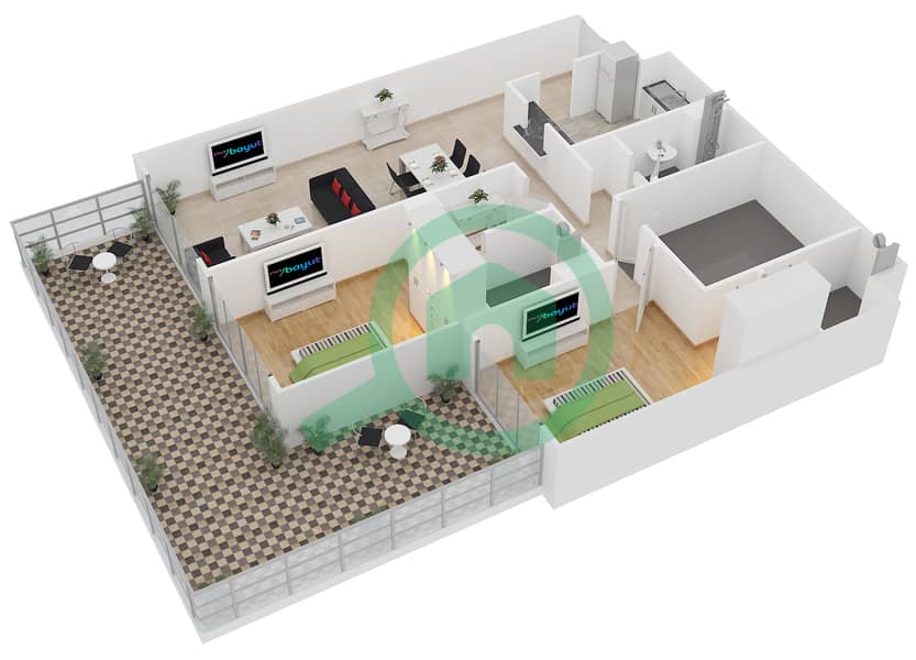 المخططات الطابقية لتصميم الوحدة G06 شقة 2 غرفة نوم - لايا رزيدنسز interactive3D