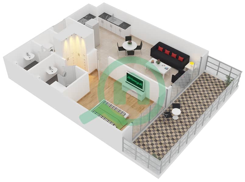 المخططات الطابقية لتصميم الوحدة 401 شقة 1 غرفة نوم - لايا رزيدنسز interactive3D