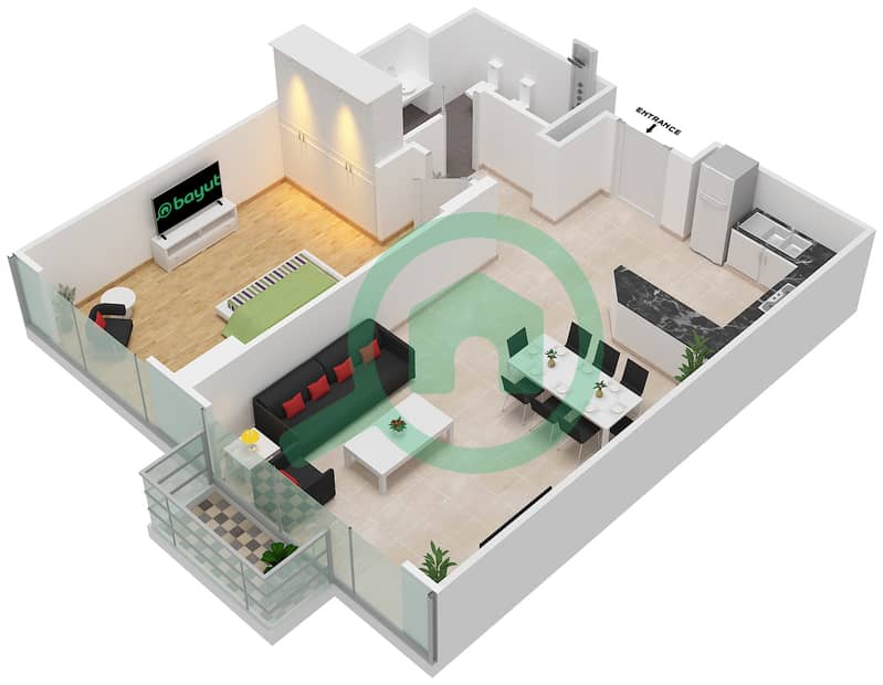 阿尔穆拉德大厦 - 1 卧室公寓单位1 FLOOR L11-L17戶型图 Floor L11-L17 interactive3D