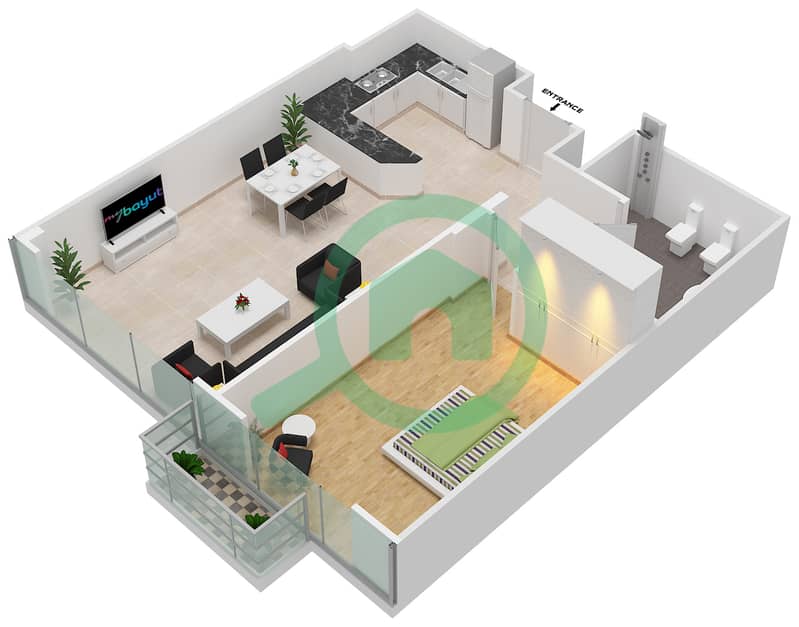 المخططات الطابقية لتصميم الوحدة 3 FLOOR L9 شقة 1 غرفة نوم - برج المراد interactive3D