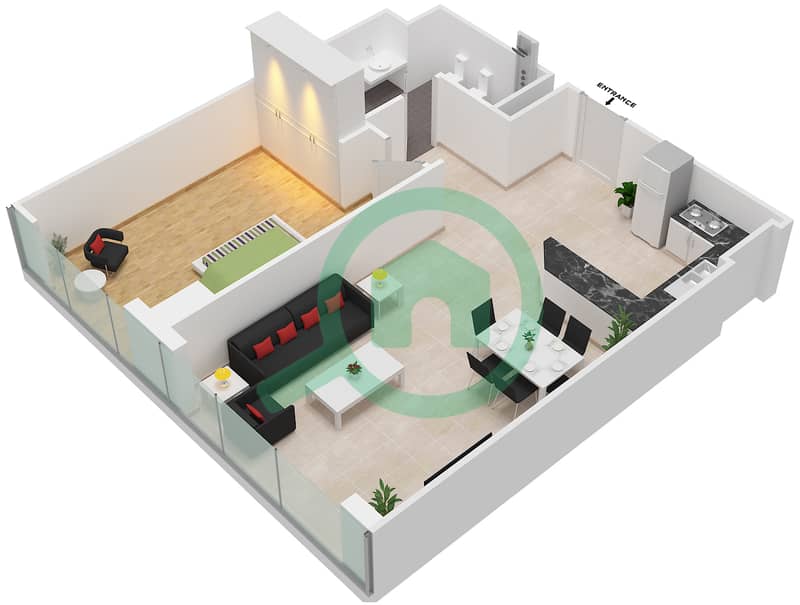 المخططات الطابقية لتصميم الوحدة 2 FLOOR L3-L7 شقة 1 غرفة نوم - برج المراد interactive3D