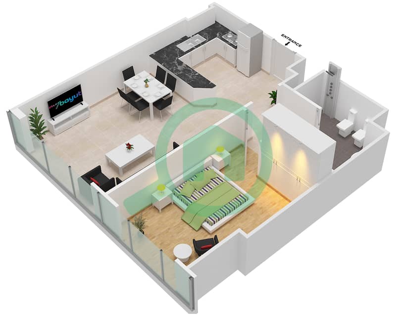 المخططات الطابقية لتصميم الوحدة 4 FLOOR L3-L7 شقة 1 غرفة نوم - برج المراد Floor L3-L7 interactive3D