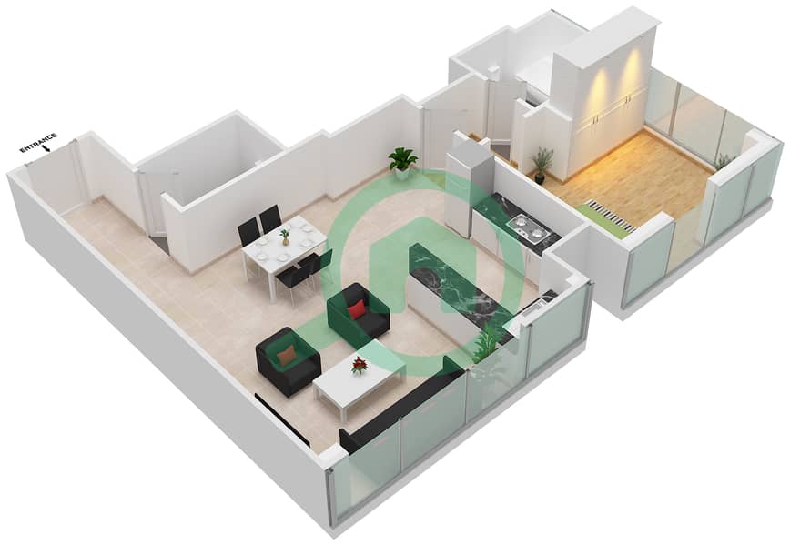 المخططات الطابقية لتصميم الوحدة 5 FLOOR L3-L7 شقة 1 غرفة نوم - برج المراد Floor L3-L7 interactive3D