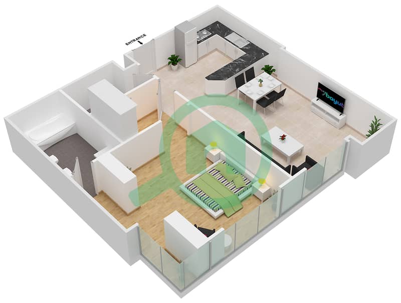 المخططات الطابقية لتصميم الوحدة 10 FLOOR L3-L7 شقة 1 غرفة نوم - برج المراد Floor L3-L7 interactive3D