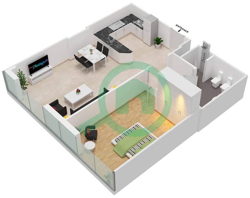 المخططات الطابقية لتصميم الوحدة 12 FLOOR L3-L7 شقة 1 غرفة نوم - برج المراد Floor L3-L7 interactive3D