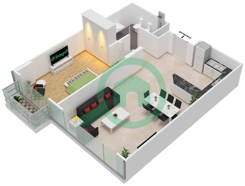 المخططات الطابقية لتصميم الوحدة 2 FLOOR L9 شقة 1 غرفة نوم - برج المراد interactive3D