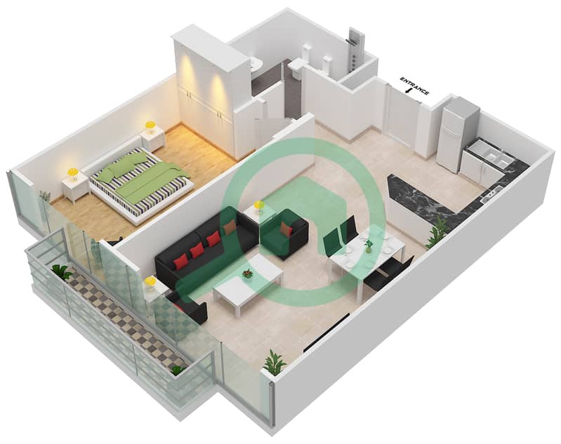 Al Murad Tower - 1 Bedroom Apartment Unit 8 FLOOR L9-L14 Floor plan interactive3D
