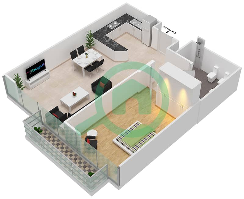 المخططات الطابقية لتصميم الوحدة 11 FLOOR L9 شقة 1 غرفة نوم - برج المراد interactive3D