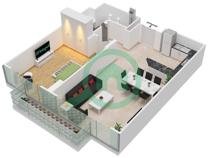 المخططات الطابقية لتصميم الوحدة 1 FLOOR L12 شقة 1 غرفة نوم - برج المراد interactive3D