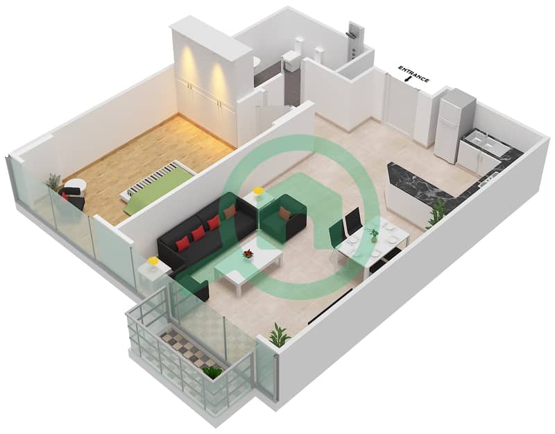 阿尔穆拉德大厦 - 1 卧室公寓单位2 FLOOR L12戶型图 interactive3D