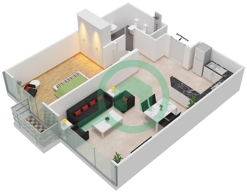 阿尔穆拉德大厦 - 1 卧室公寓单位8 FLOOR L15戶型图 interactive3D