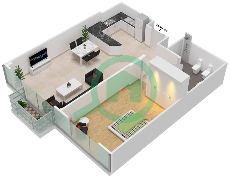 المخططات الطابقية لتصميم الوحدة 3 FLOOR L15 شقة 1 غرفة نوم - برج المراد interactive3D